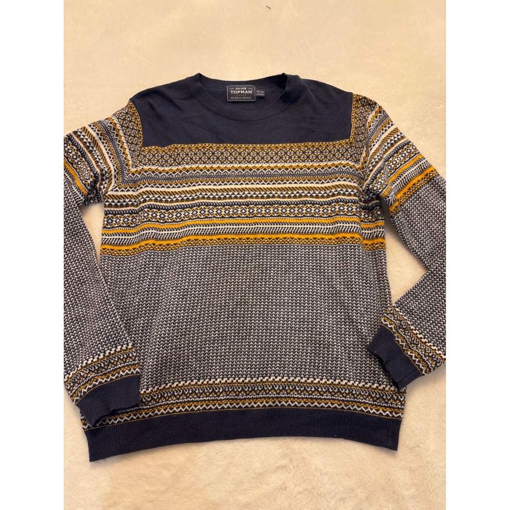 Topman Mens Large Fair Isle Sweater Navy Blue Mustard Yellow Knit Made in Italy